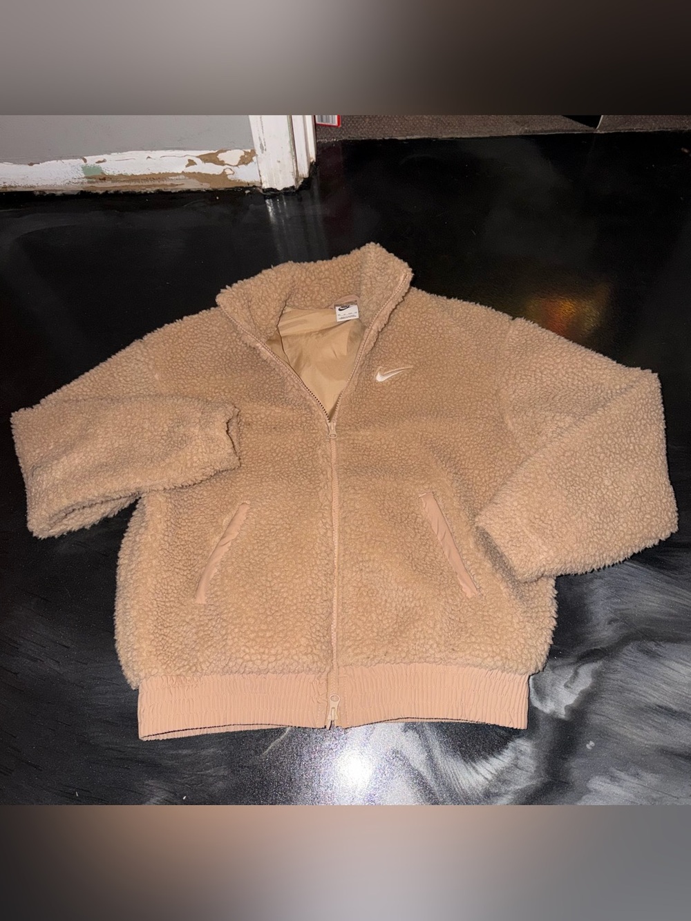 Nike Tan Sherpa Zip-Up Jacket with White Swoosh